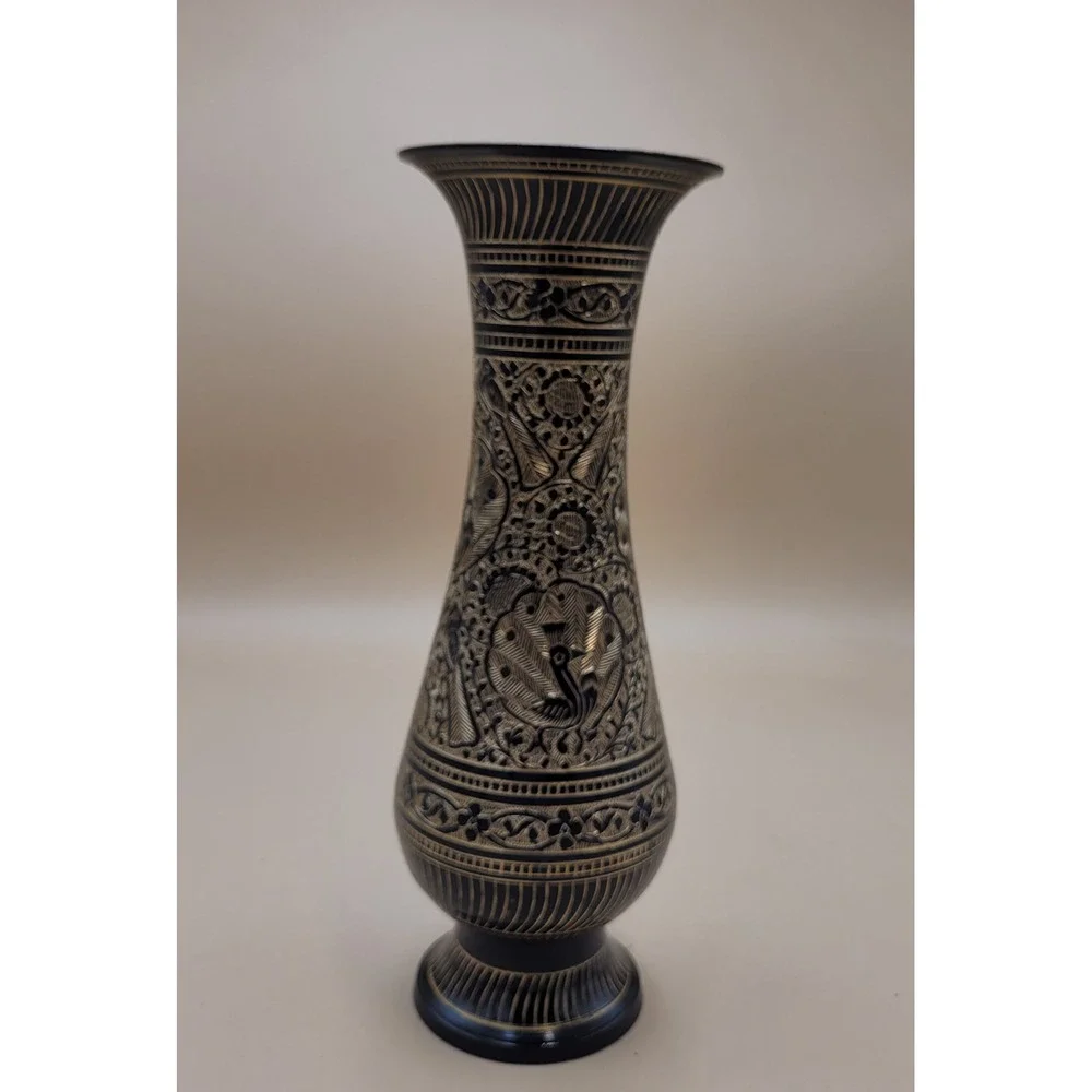 Vintage Etched Brass Peacock Vase Black Floral Engraved Metal Decor 9.5 Inch